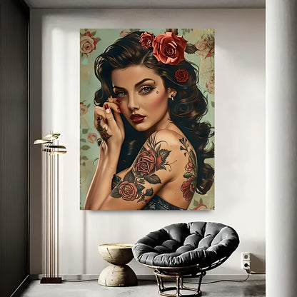1pc with frame -Tattooed pinup rose floral art Theme Canvas Wall Art Framed Painting Clearance Sale, 2D Flat, Suitable for Halloween, Christmas, Winter and Summer, Luxury Indoor Decoration for Him/Her, Bedroom, Living Room, B