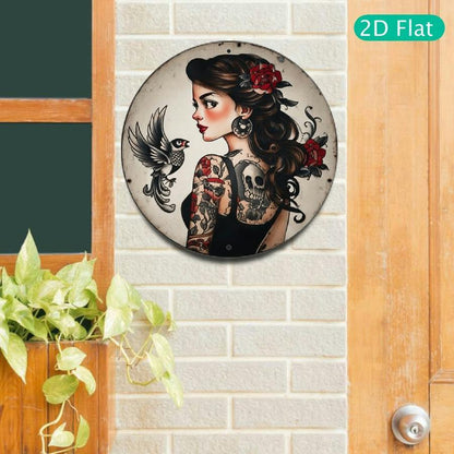 2D Flat, 1pc  Style Tattoo Metal Wall Art Sign - 8x8 Inch Round Aluminum Decoration, Featuring Bold Female and Skull Designs, Red Roses and Birds - Easy to Hang, Durable and Unique - Perfect for Bars, Courtyards, Offices, and