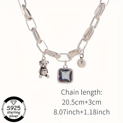 925 Silver Fashion Retro Bear Square Synthetic Zirconia Bracelet for Women- Perfect Jewelry for Daily Wear, Gifts, Music Festivals, Proposals& Back-to-School Season- The Ultimate Luxury Gift for Best Friends, Jewelry for Wome
