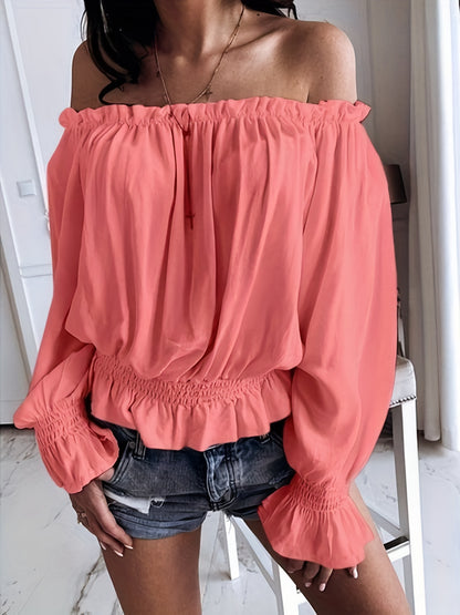Chic Off Shoulder Ruffle Trim Blouse - Soft Micro Elastic Polyester Fabric, Shirred Details, Solid Color, Casual Long Sleeve Top for Women - Perfect for Spring, Fall, and Summer