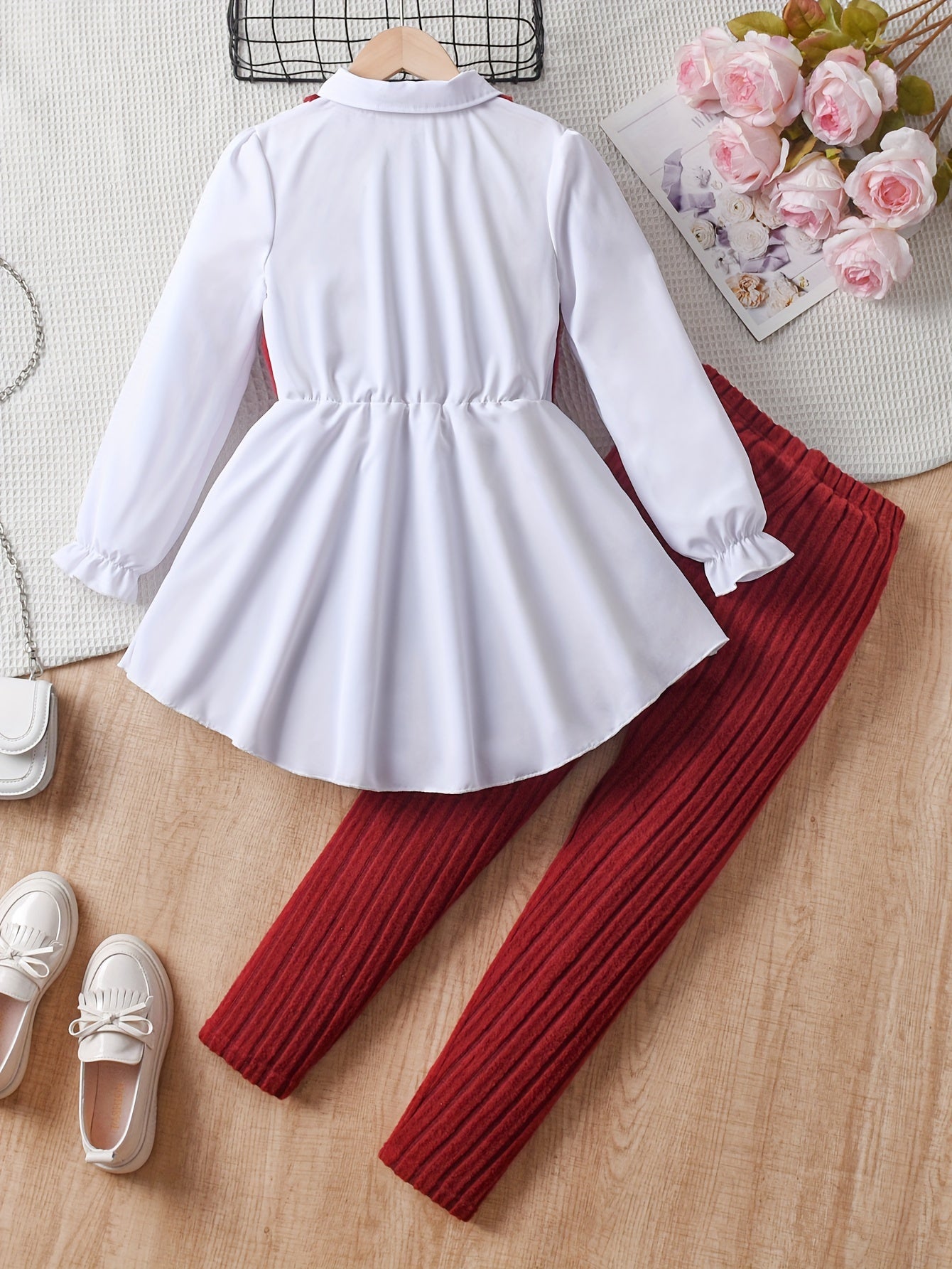 2pcs Solid Color Elegant Long-Sleeve Blouse Top + Comfy Slim Pants Set - Stylish & Casual Outfit for Girls Spring Fall Outdoor Gift