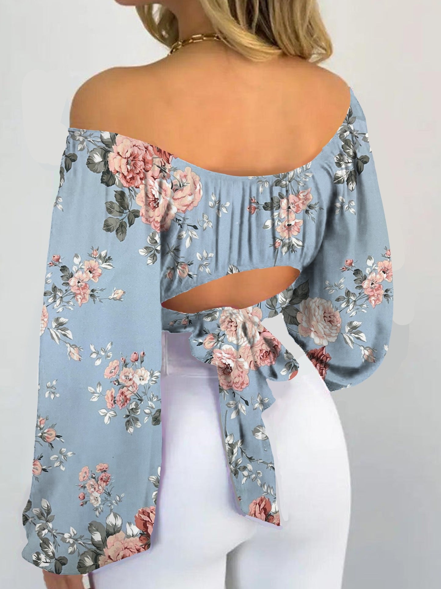 Flora Print Off Shoulder Crop Blouse, Elegant Tie Back Lantern Sleeve Blouse For Spring & Fall, Women's Clothing