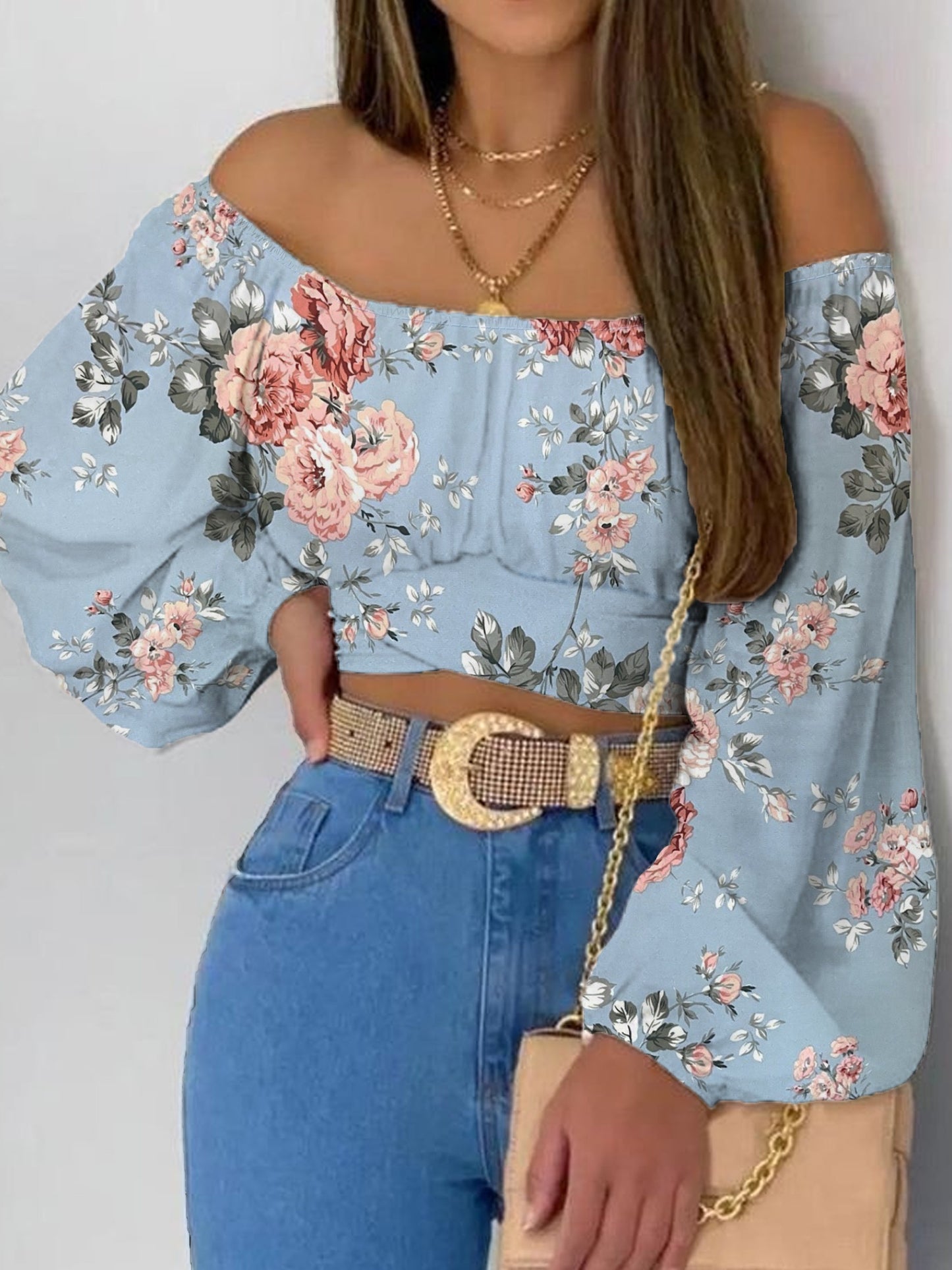 Flora Print Off Shoulder Crop Blouse, Elegant Tie Back Lantern Sleeve Blouse For Spring & Fall, Women's Clothing